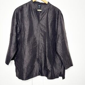 Eileen Fisher Silk Crinkle Textured Jacket 1X XL brown lightweight boxy blouse